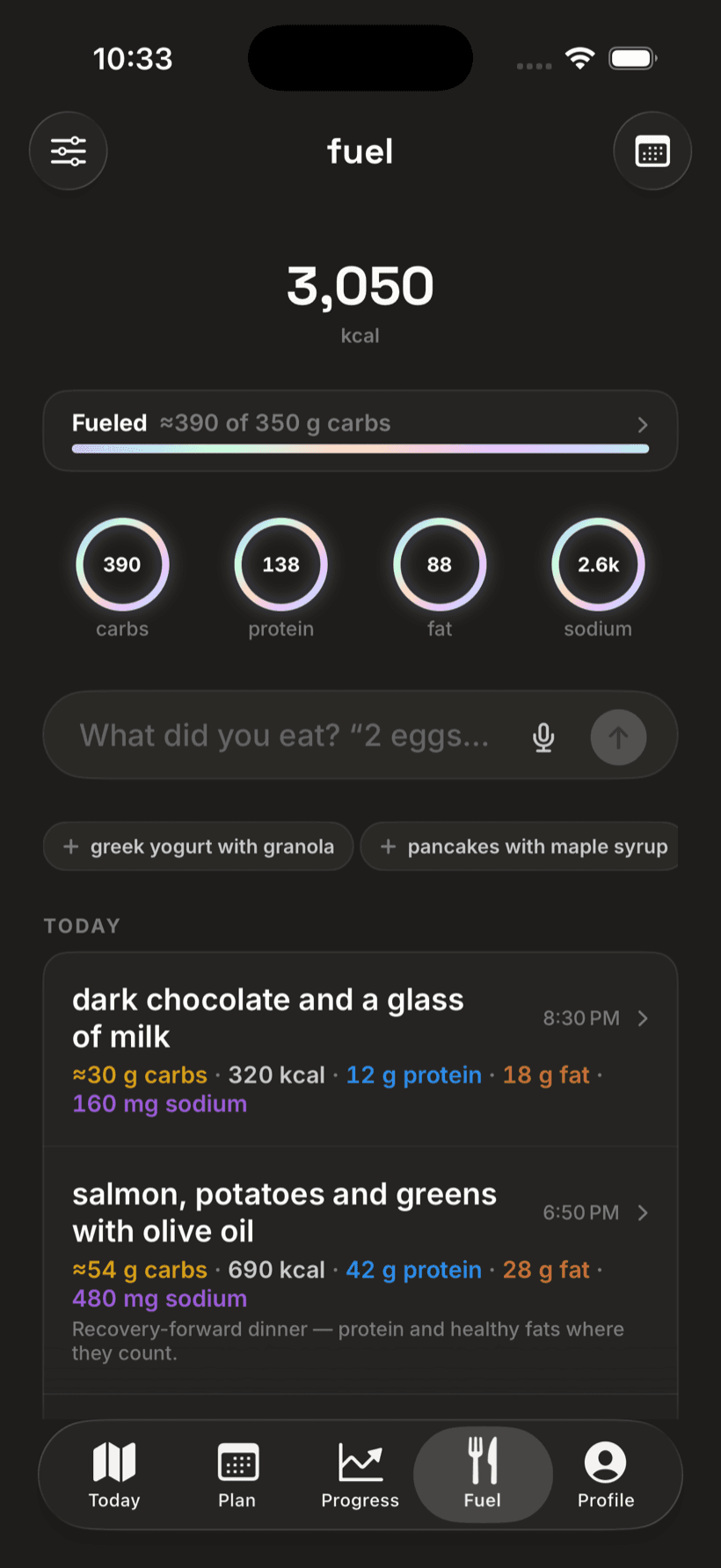 Fuel dashboard: daily calories with carbs, protein, fat, and sodium rings and a plain-language meal log