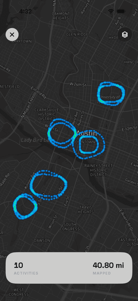 Personal heatmap tracing running routes across a dark city map