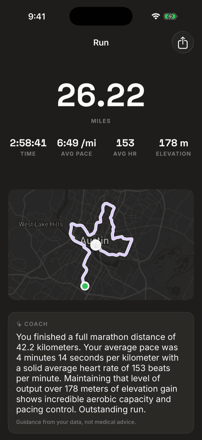 momentum Today screen: the Austin Marathon course traced on the map
