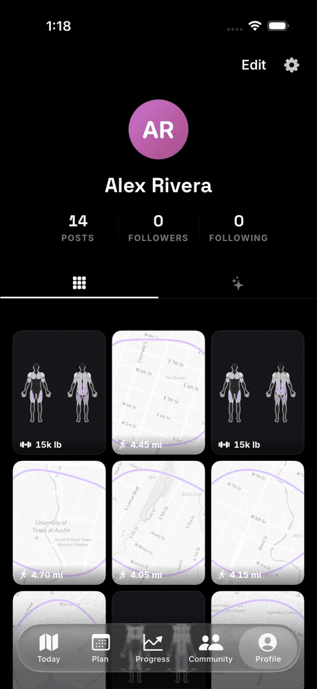 Profile grid of workout tiles — route art and muscle maps