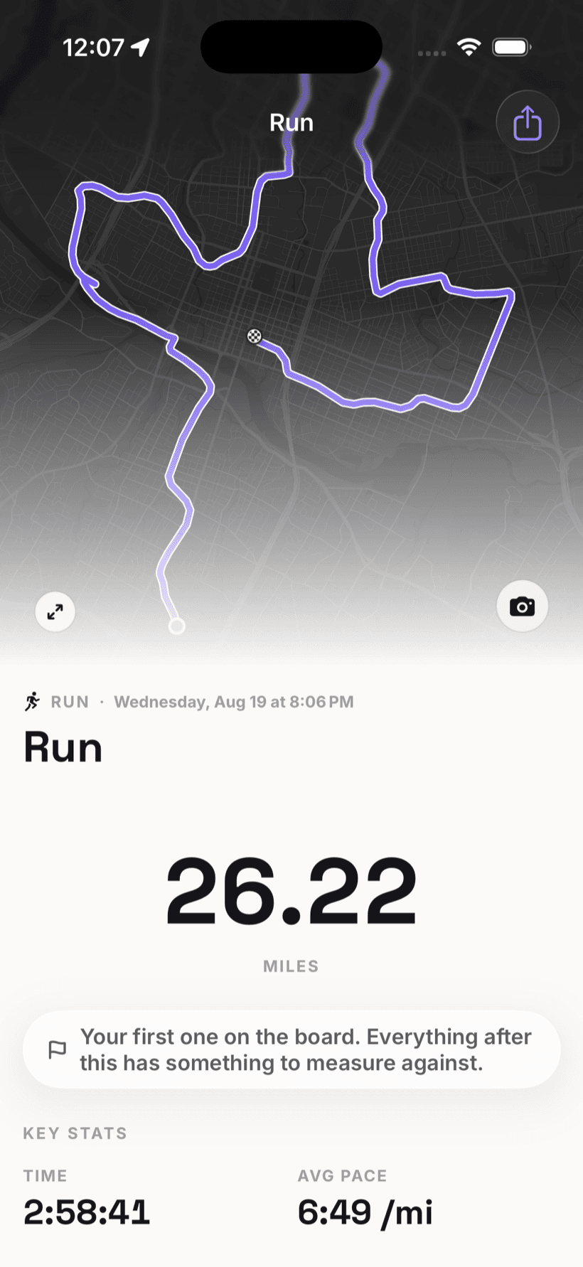 A finished marathon in Momentum: the Austin course traced in lavender, 26.22 miles in 2:58:41 at 6:49 per mile.