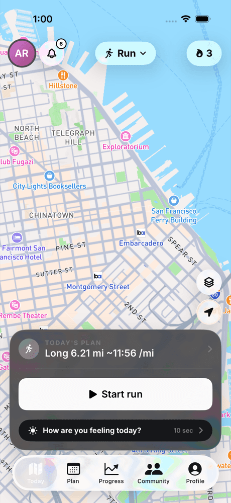 momentum Today screen: your map, today's plan, and one Start button